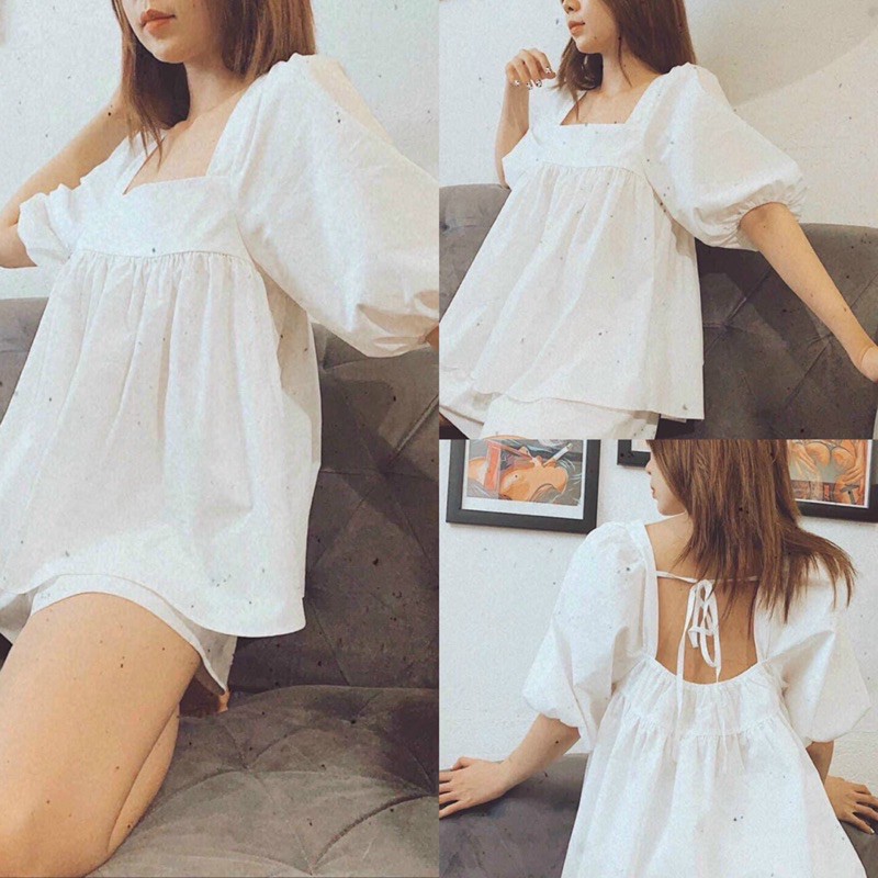 [Mã FAGREEN245 giảm 10% tối đa 30K đơn 99K] Set áo babydoll trắng kèm quần Sun Fashion