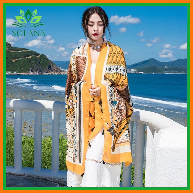 Khăn Boho Vintage Cao Cấp Vàng, Khăn Choàng Đi Biển Phong Cách, Chất Liệu Đũi Dày Dặn và Mềm SOLANA