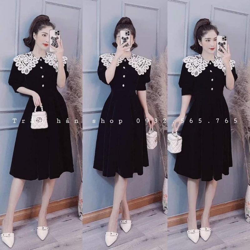 váy nhung cao cấp phối cổ ren( màuđen)