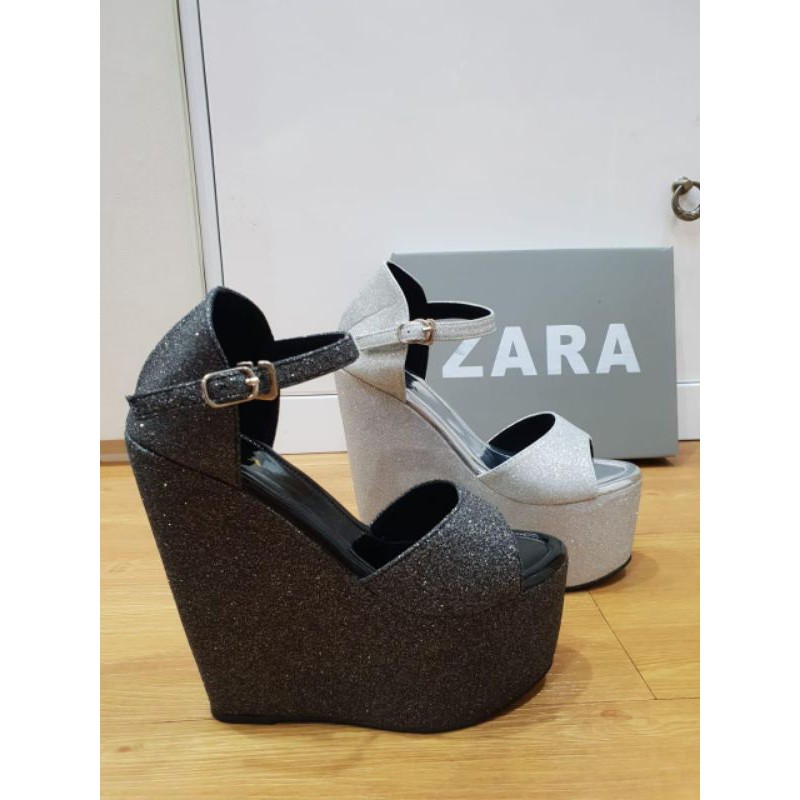 Zara Giày Đế Xuồng 15cm Đính Kim Tuyến Lấp Lánh Thời Trang