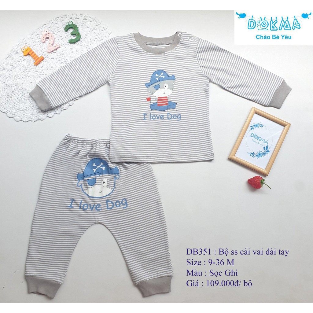 Dokma - Bộ ss dài tay cài vai kẻ, quần mông thú (9-24m) DB351