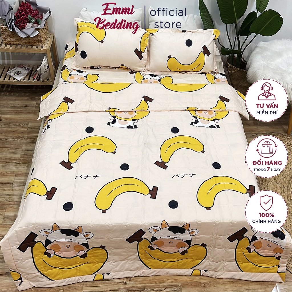 Set ga gối chăn hè chần bông 5 món Cotton EMMIBedding, mẫu bò chuối mền cotton họa tiết đáng yêu