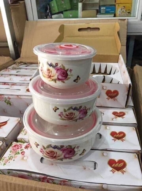 Bộ 3 bát sứ có nắp hút chân không( loại không tai)