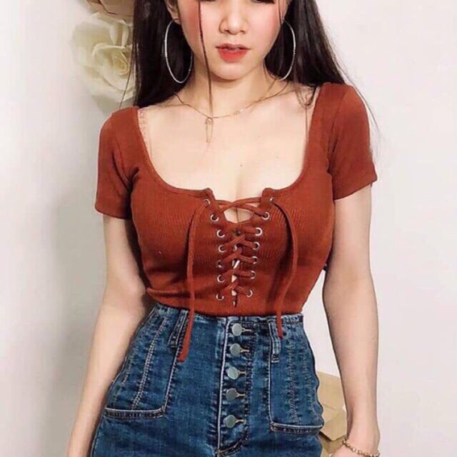 Siêu Sale Áo thun cotton Đan dây ngực tay ngắn 353970