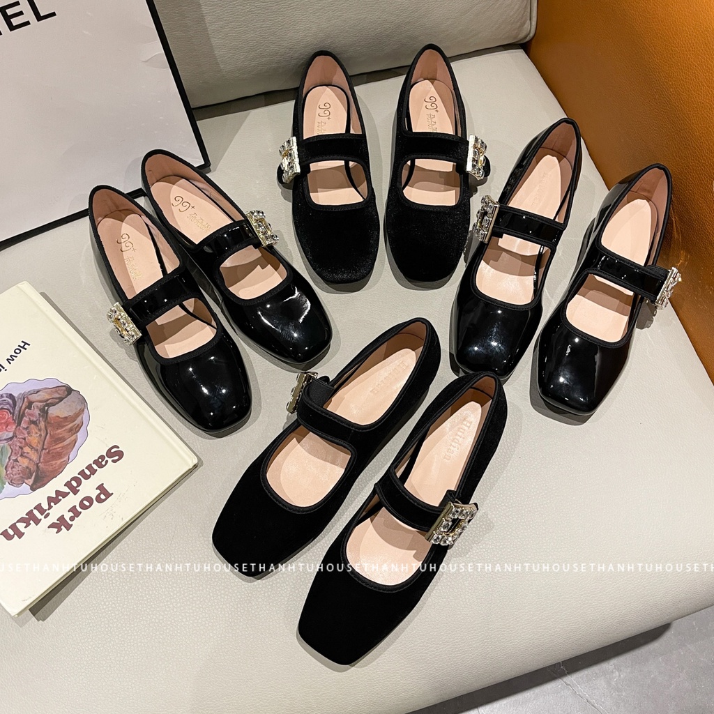 Giày Cao Gót Nữ Mary Jane Shin Min-a Mũi Vuông Quai Ngang Da Bóng Phối Mặt Đá Thời Trang - Hometown cha cha cha- GD013