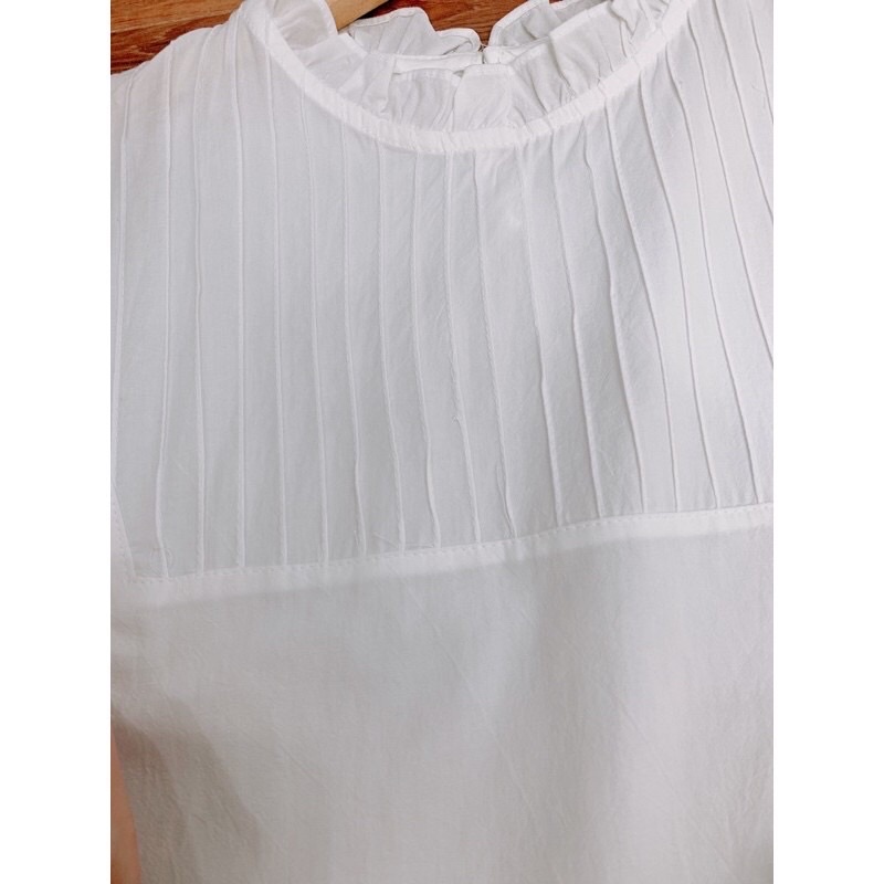 Áo babydoll nữ cộc tay cổ bèo xếp ly ngực - Áo sơ mi nữ tay bồng tiểu thư be trắng