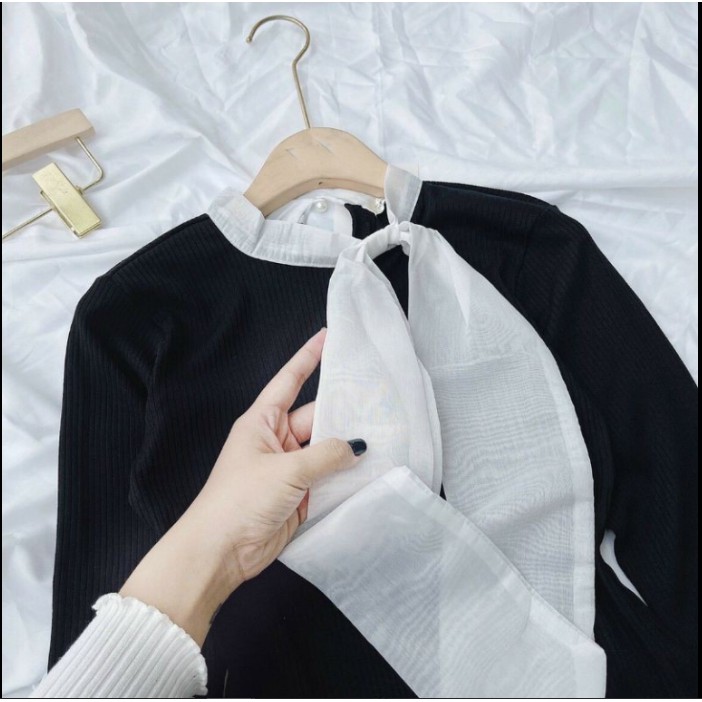ÁO LEN TĂM NỮ DÀI TAY ĐEN CỔ NƠ TRẮNG HÀN QUỐC (ẢNH THẬT SHOP CHỤP) | BigBuy360 - bigbuy360.vn