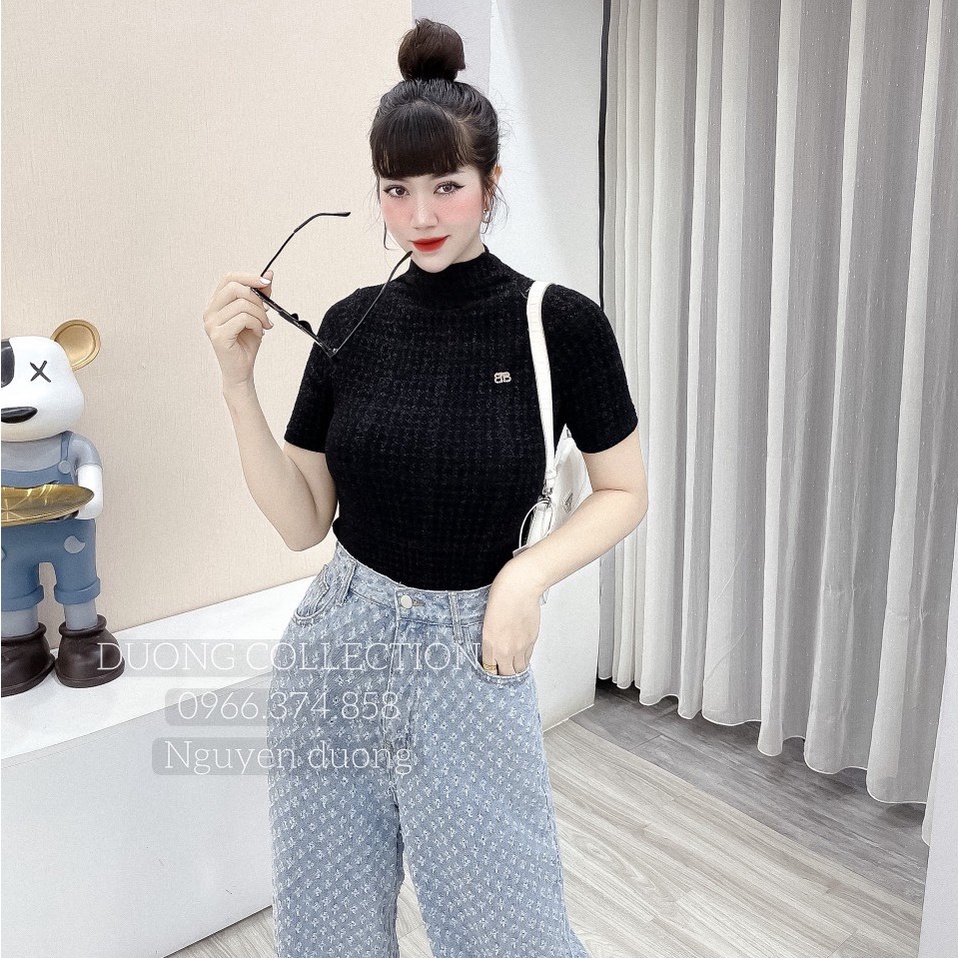 Áo nhũ kẻ cổ cao 3P dáng ôm ngắn tay, Áo kiểu cổ leo tag cài rời AN5211 - NhiNhi Shop