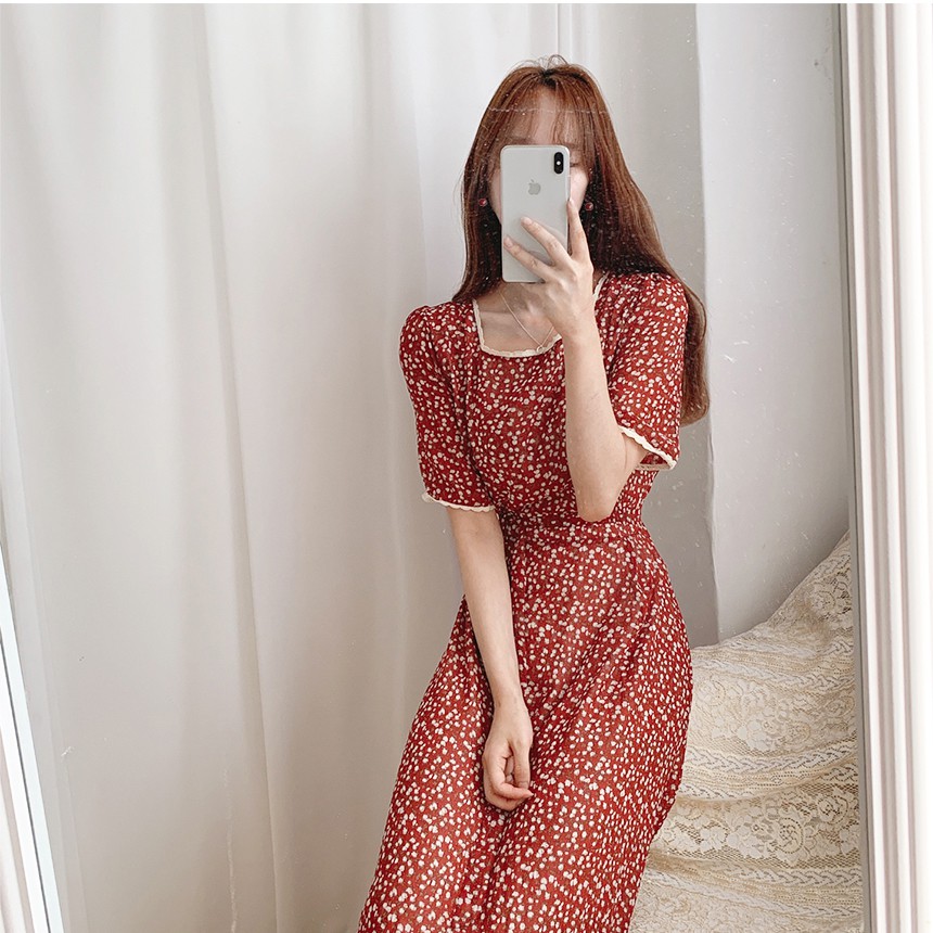 Váy hoa nhí ren trắng tay ngắn ulzzang dáng dài vintage , Đầm dự tiệc cổ vuông chiffon (video ảnh thật)