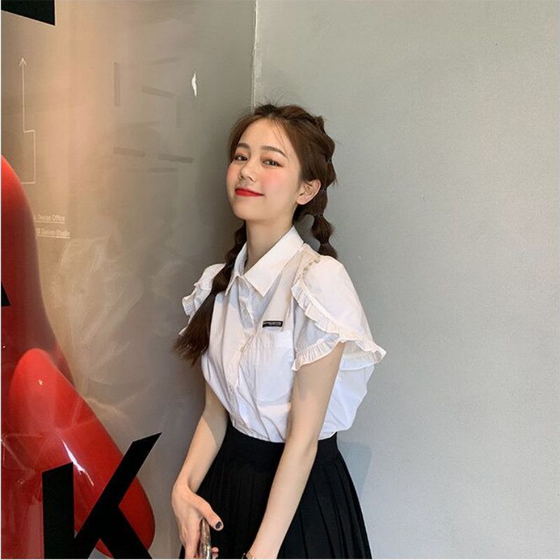Áo sơ mi viền tay bèo phối sọc đỏ trắng  ( phôm 55kg trở lại đẹp) 🥰