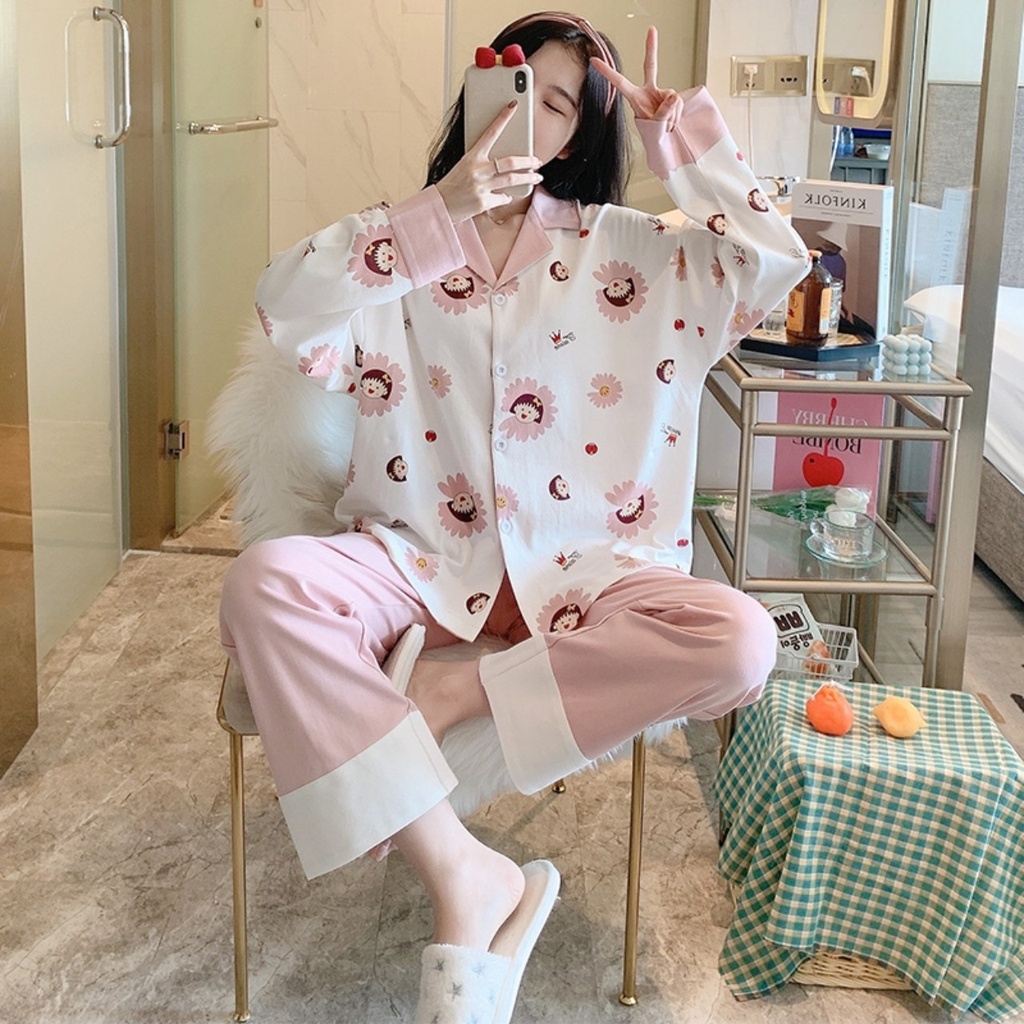 BỘ ĐỒ NGỦ NỮ MẶC NHÀ DÀI TAY COTTON ULZZANG CAO CẤP HOT 2021