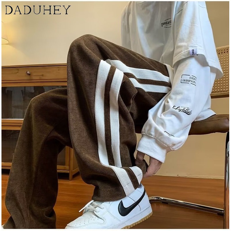 DaDuHey Men's Autumn Fashion Brand Loose Striped Casual Pants Ins Corduroy Straight Wide Leg Sports Pants