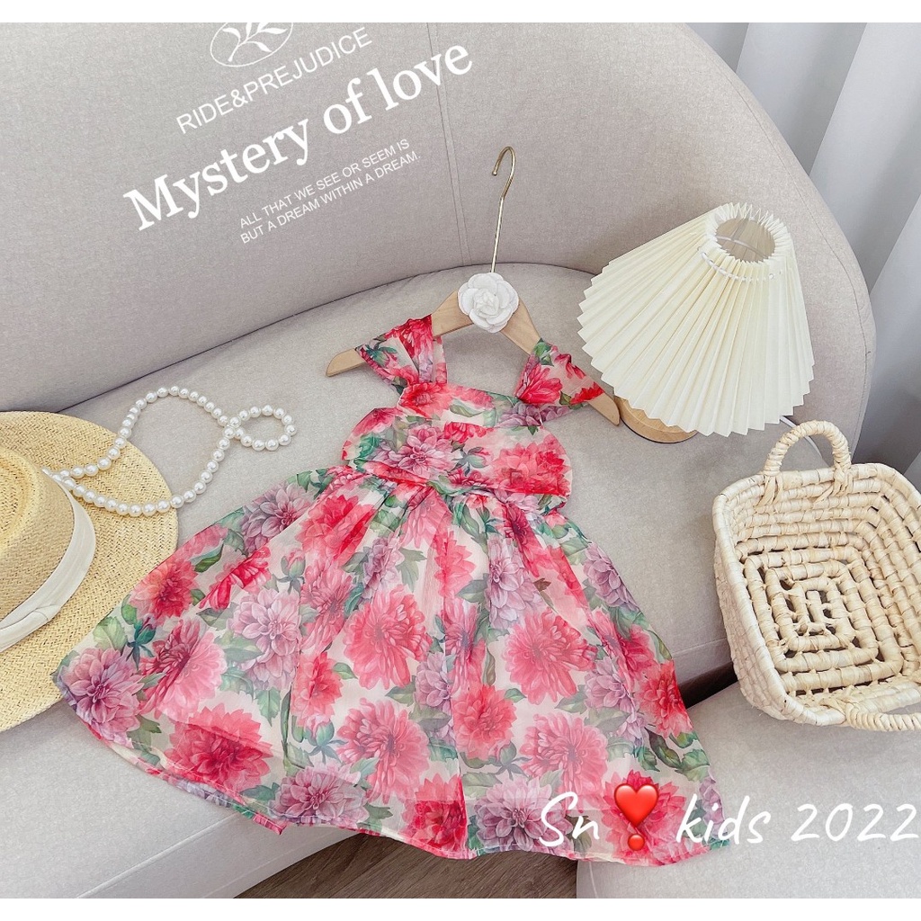 Đầm hoa nhí công chúa bé gái, váy tơ nhún xếp tầng ngực tiểu thư 2 lớp cho bé