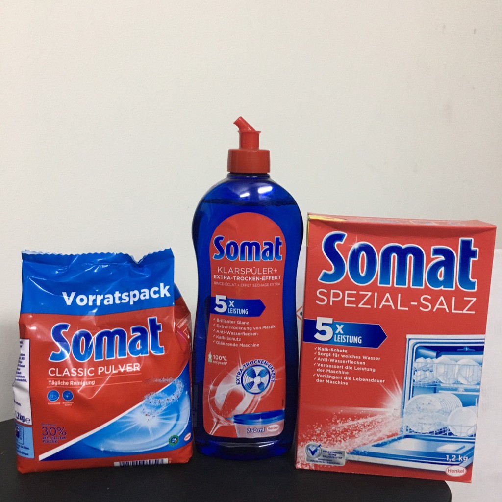 bộ 3 món  bột rửa bát Somat 1,2kg+Muối RB 1.2 kg + nước làm bóng Somat 750ml