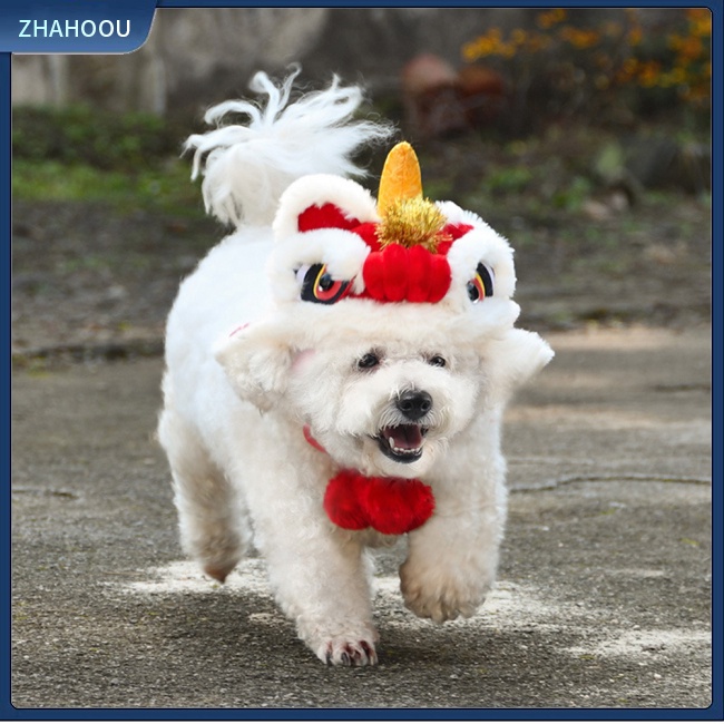 ☃Nhà☃ Mũ Tai Sư Tử Năm Mới Lót Lông Cừu Mềm Mại Thoải Mái Giữ Ấm Phong Cách Trung Hoa Cho Thú Cưng