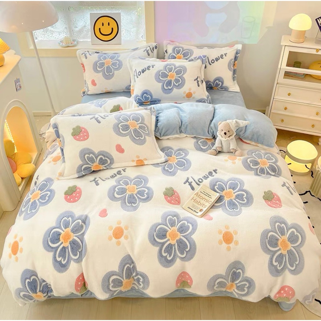 Bộ chăn ga gối nỉ nhung 5D cao cấp ga gối nỉ nhung tuyết sữa mới nhất hoạ tiết đáng yêu siêu mềm không rụng lông