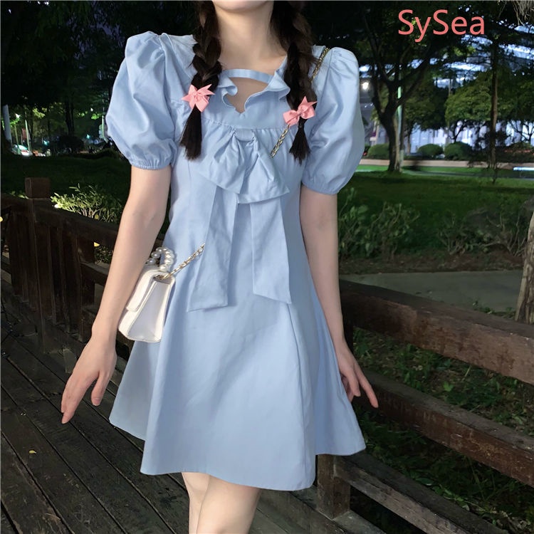 Đầm Tay Phồng Đính Nơ Thời Trang Mùa Hè Hàn Quốc Cho Bé Gái