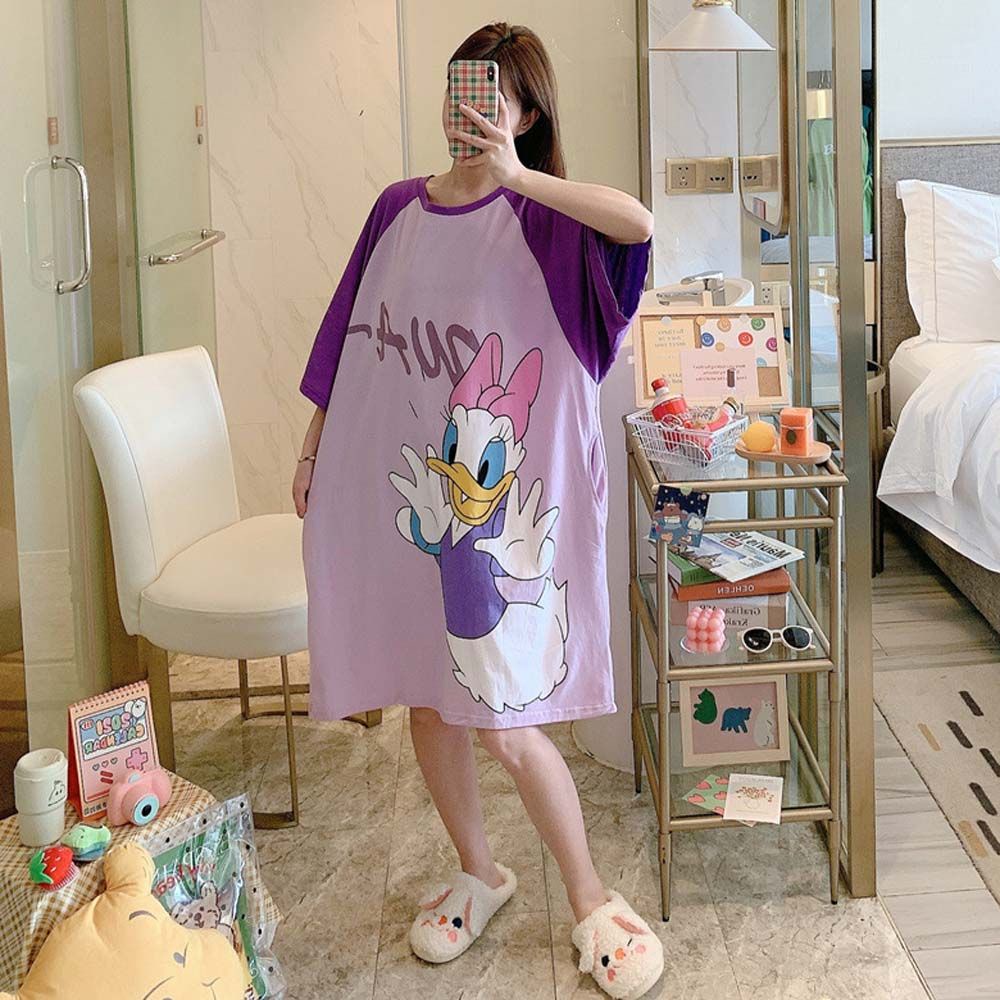 Đầm Ngủ Dáng Rộng In Họa Tiết Hoạt Hình Phong Cách Hàn Quốc Thời Trang Mùa Hè Cho Nữ