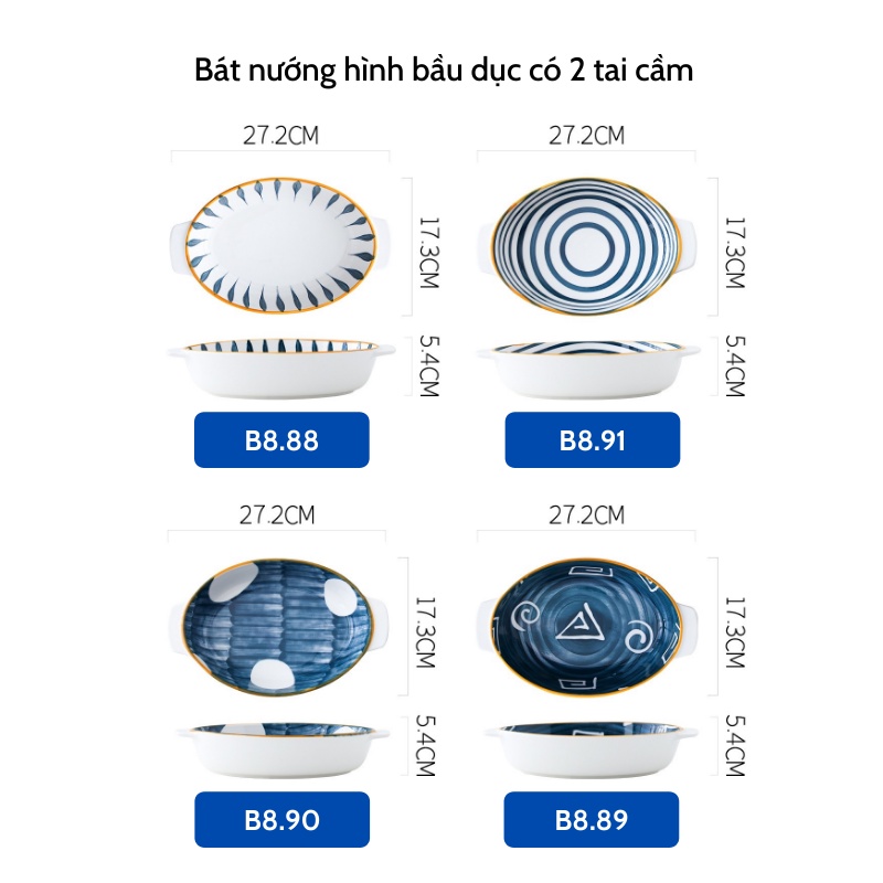 Bát tô - Bát nướng hình bầu dục có 2 tai cầm họa tiết phong cách Nhật xinh xắn - bộ đồ bàn ăn cao cấp sang trọng