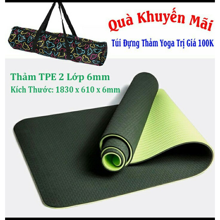 Thảm Yoga TPE EcoFriendly 2 lớp cao cấp dày 6mm (tặng túi đựng+dây buộc thảm)
