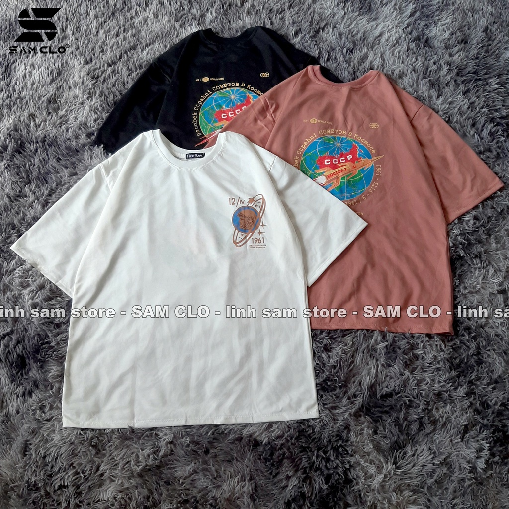 Áo thun nữ tay lỡ freesize phông form rộng Unisex mặc lớp, nhóm, cặp in hình địa cầu tên lửa CCCP
