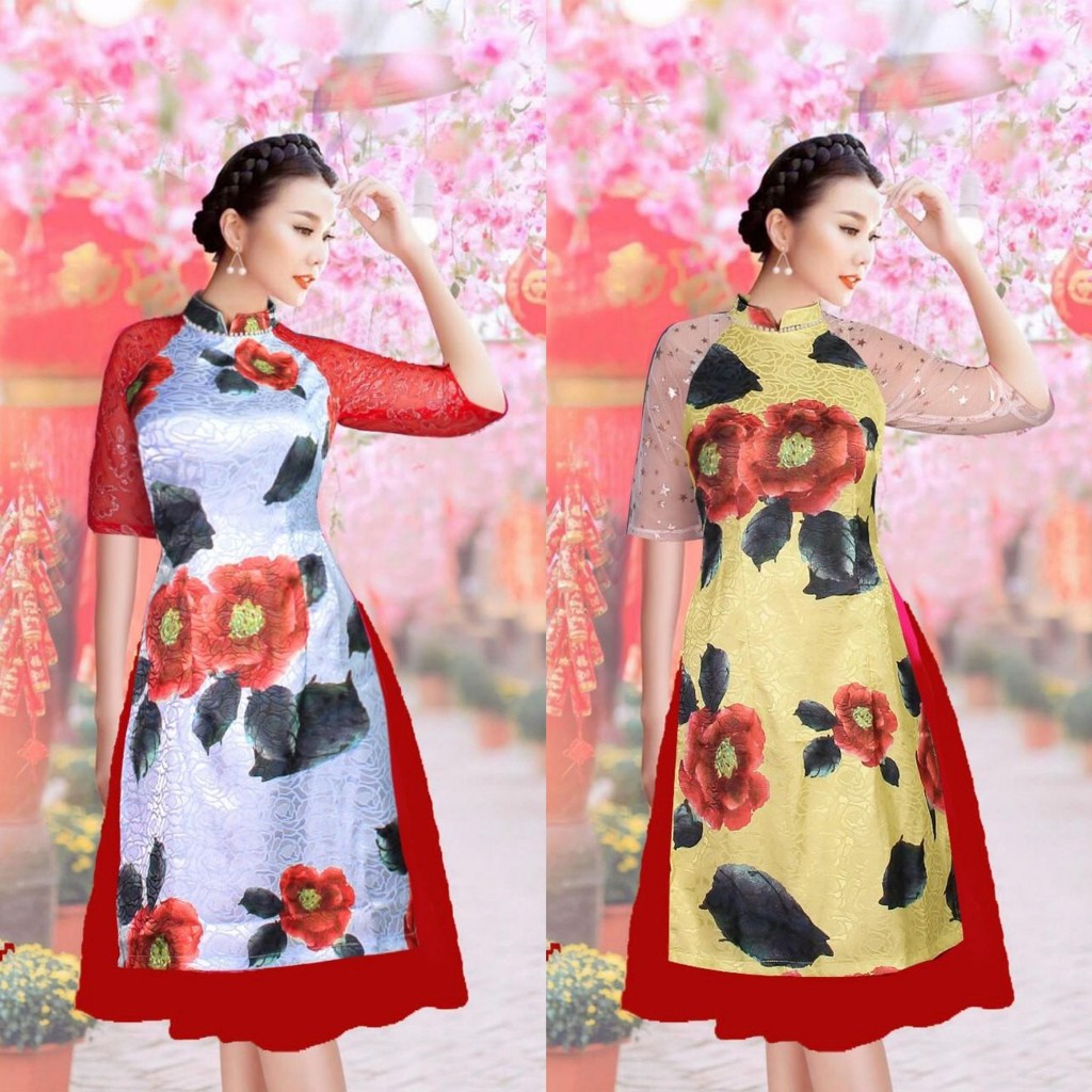 GIÁ SỈ- ÁO DÀI CÁCH TÂN GẤM HOA HỒNG( TẶNG MẤN, KÈM VÁY)