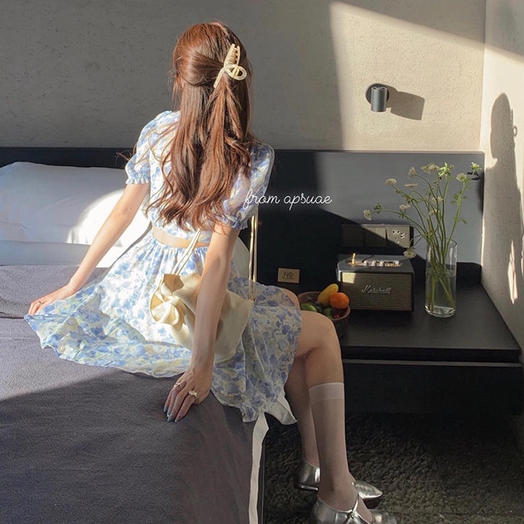 Đầm Chữ A Tay Ngắn Họa Tiết Hoa Xanh Dương 50312