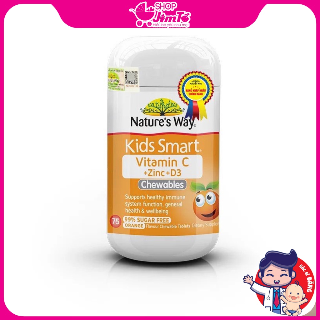 Viên Nhai Nature's Way Vitamin C, ZinC, D3 vị cam  Bổ Sung Vitamin Và Khoáng Chất Cho Bé Hộp 75 Viên