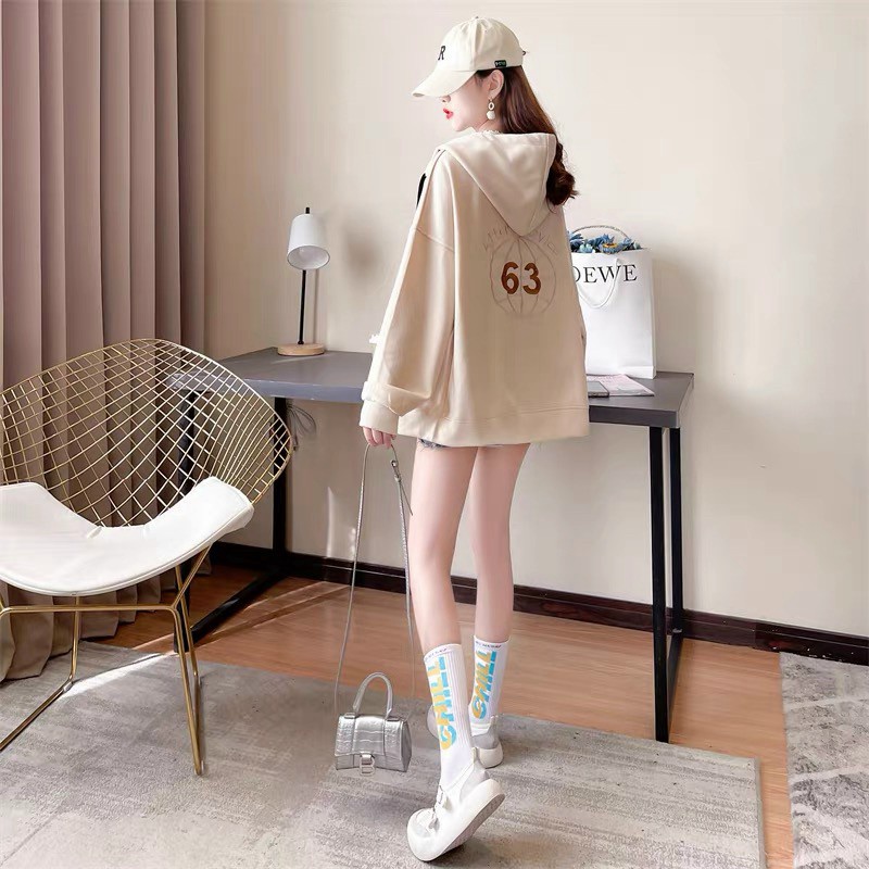 Áo Khoác Nỉ Nữ Dây Khóa Kéo Thêu Logo 63 Vải nỉ Dày Mịn Nón Lớn form Rộng Phối Túi NEW UNISEX