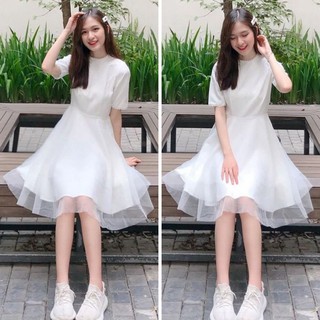 Đầm Trắng Dáng Xoè Voan Tơ, Váy Cộc Tay Chụp Kỷ Yếu, Đi Tiệc, Prom