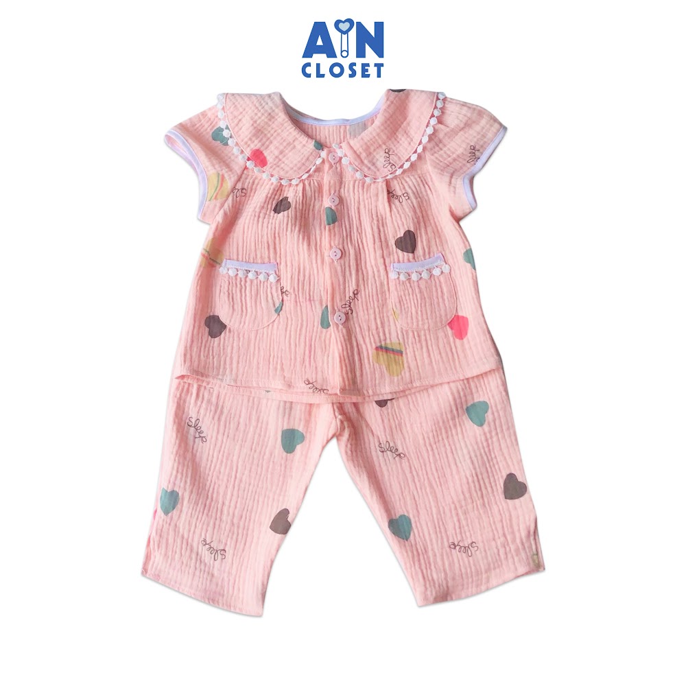 Bộ quần dài áo tay ngắn bé gái họa tiết Tim hồng phấn xô muslin - AICDBGNKWT7D - AIN Closet