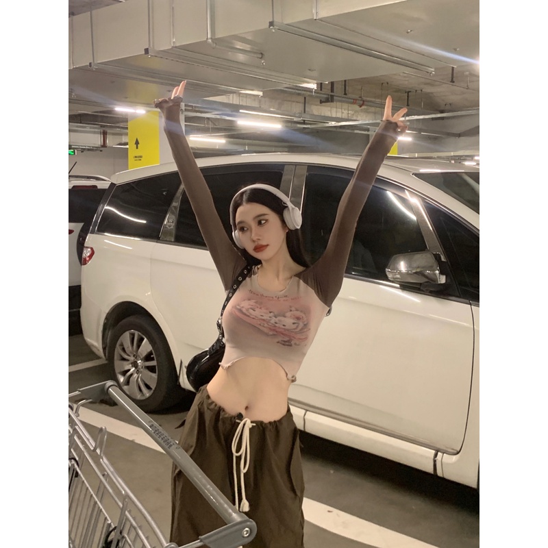 Áo Thun Lửng Tay Dài Màu Sắc Tương Phản In Họa Tiết Phong Cách retro Mỹ Dành Cho Nữ