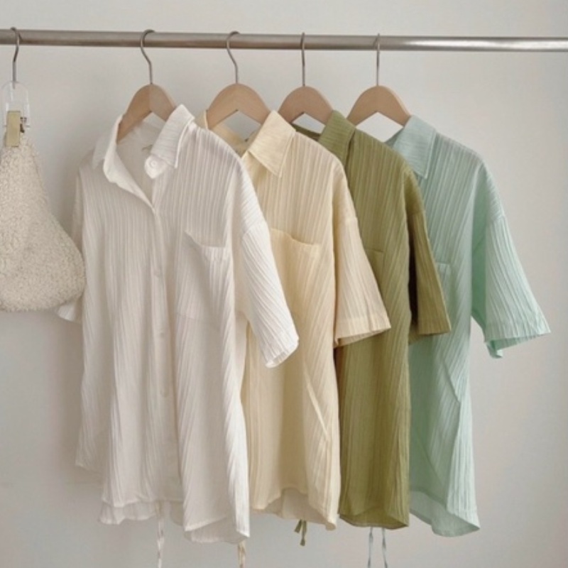 Áo sơ mi nữ form rộng tay ngắn gân sọc dây buộc lưng phong cách Hàn Quốc DUMI