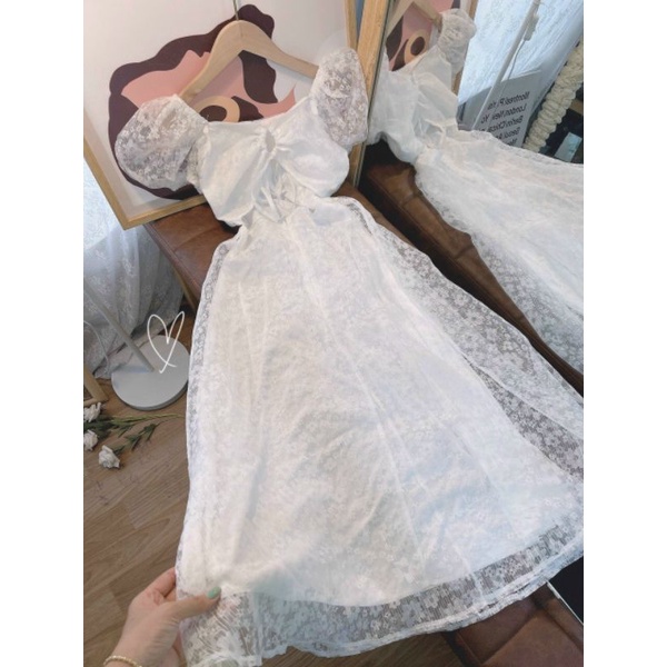 ĐẦM MIDI TRẮNG HOA NỔI CUTOUT KHOEN LƯNG