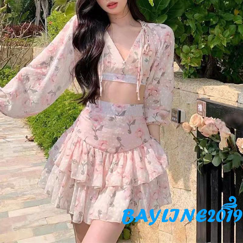 BAY-Women Summer Clothes, Long Sleeve Deep V Neck Floral Crop Tops /Mini Skirt