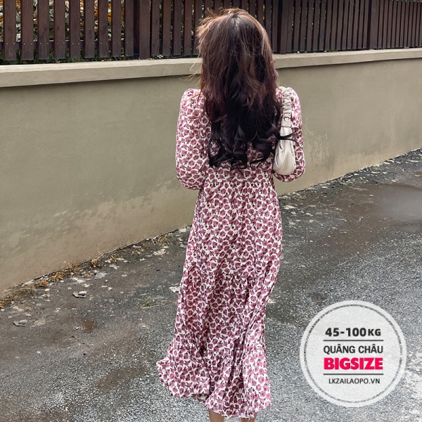 BIGSIZE Nữ (45-100kg) Đầm voan hoa tay dài dáng xoè cổ chữ V xinh xắn Hàn Quốc ulzzang vintage mùa thu - Váy hoa nhí -quảng châu cao cấp