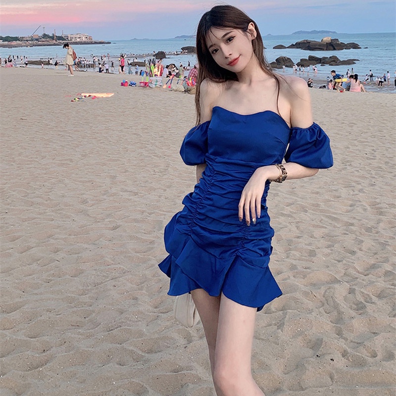 Đầm Mini Trễ Vai Tay Phồng Thời Trang Mùa Hè Quyến Rũ Cho Nữ