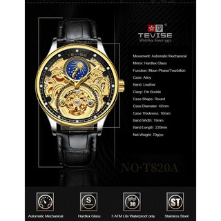 Đồng hồ cơ nam dây da cao cấp Tevise T820A-1 full box, mặt kính sapphire chống xước, chống nước, bảo hành 03 năm