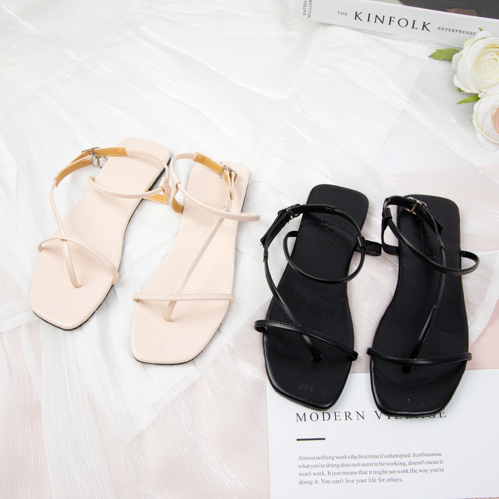 Giày Sandal Nữ MWC Đế Bệt Quai Mảnh Xỏ Ngón Nữ Tính Màu Kem Đen NUSD- 2763