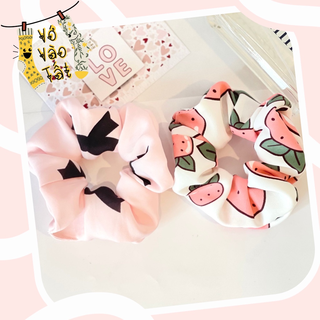 Buộc tóc scrunchies vải voan phồng màu hồng xinh xắn