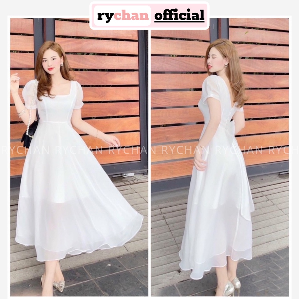 Đầm Váy Nữ Dự Tiệc Cưới Dáng Dài Xòe Cổ Vuông Nơ Sau 2 Lớp Dày Dặn Màu Trắng [ẢNH THẬT CUỐI] - DX9902