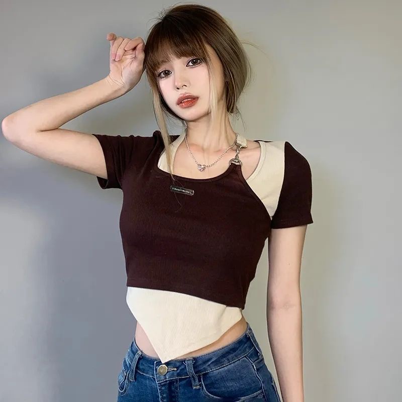 Áo Thun Lửng Ngắn Tay Giả Hai Lớp Phong Cách Trẻ Trung Dành Cho Nữ