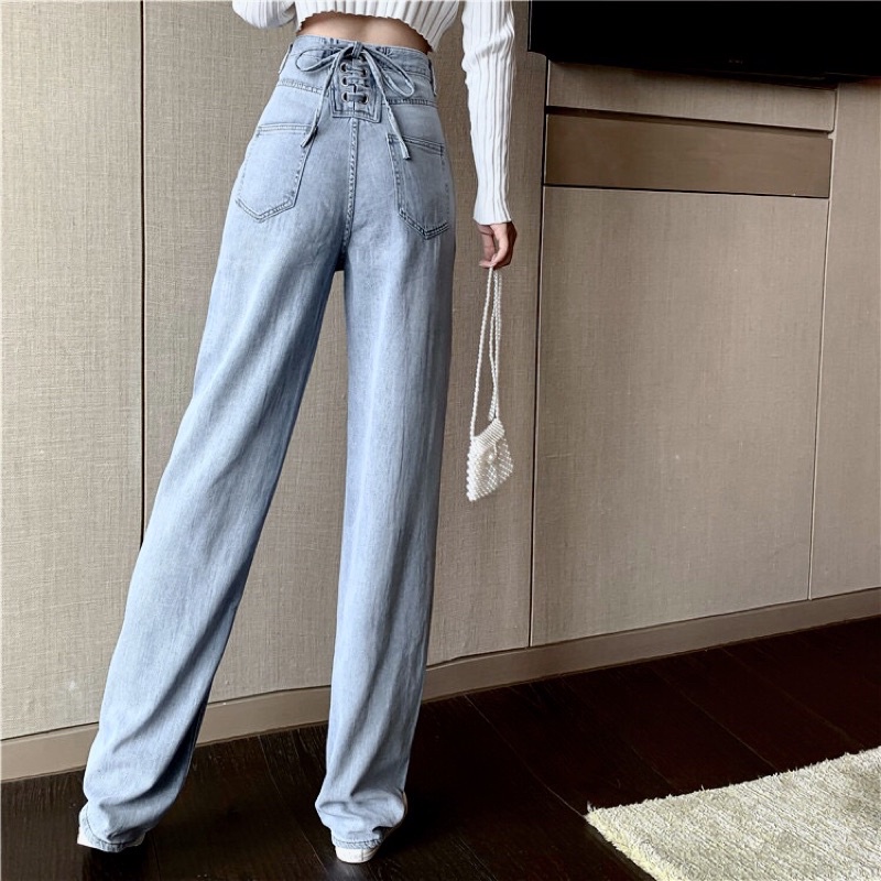 {HCM / CÓ SẴN} QUẦN JEAN NỮ ỐNG RỘNG ĐAN CHÉO LƯNG PHONG CÁCH HÀN QUỐC SIZE S QQ05