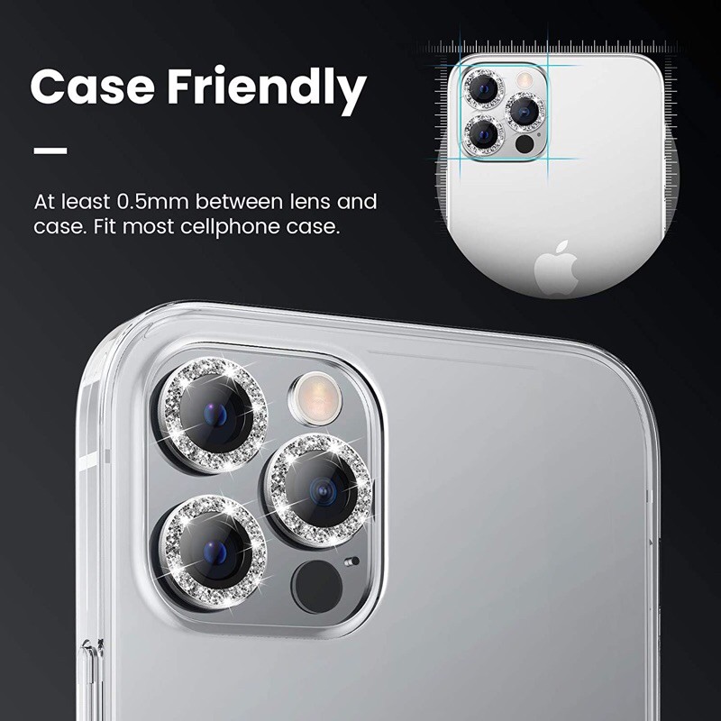 Bộ miếng dán kính cường lực Camera Diamond đính đá cho iP 12 Pro Max hiệu Kuzoom Lens Ring bảo vệ camera