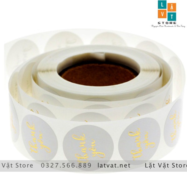 Cuộn 500 tem Decal Cảm ơn khách hàng loại nhũ vàng nền trắng - tem thank you dễ thương