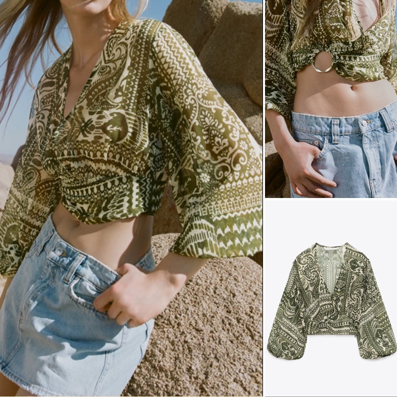 Áo Sơ Mi Zara Cổ Bẻ Cột Dây Dáng Ngắn In Họa Tiết Phối Khóa Kim Loại Thời Trang Mùa Hè4437084