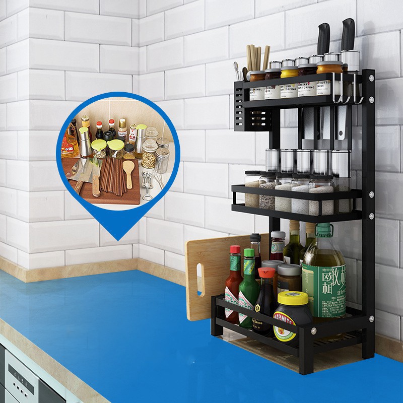 Kệ gia vị 2 tầng tiện ích đựng đồ dùng nhà bếp đa năng tiện dụng kèm vát dao bằng inox sơn tĩnh điện cao cấp - V20 | BigBuy360 - bigbuy360.vn
