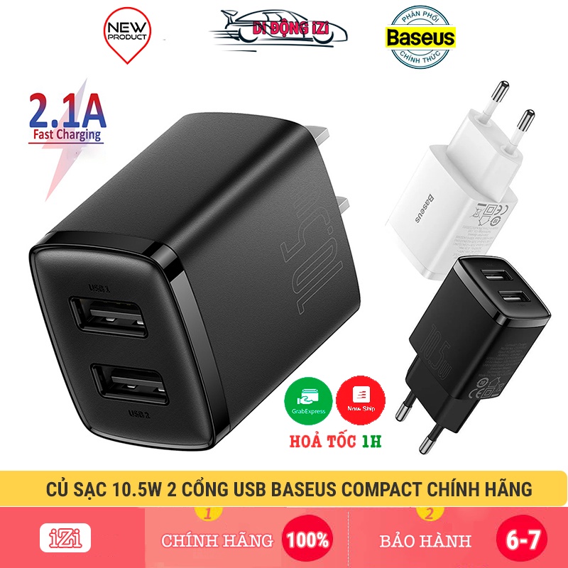 Củ Sạc 2 Cổng 2.1A Baseus Compact 10.5W Cho IP, Samsung, Oppo, Huawei, Xiaomi,... [CHÍNH HÃNG]