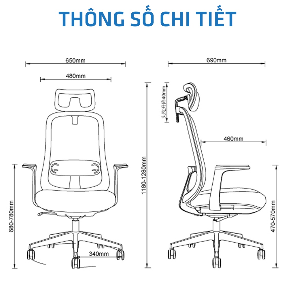 Ghế công thái học Ergonomic GOVI Felix F6232A-HS - Tựa đầu điều chỉnh độ cao, tựa tay 3D nâng hạ, mâm ghế ngả 135 độ