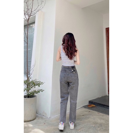 Quần Jean Nữ Aiori Fashion Baggy Lưng Cao Rách Gối Màu Xám Quần Bò Trơn Cạp Cao Phong Cách Thời Trang Hàn Quốc_Mã 091